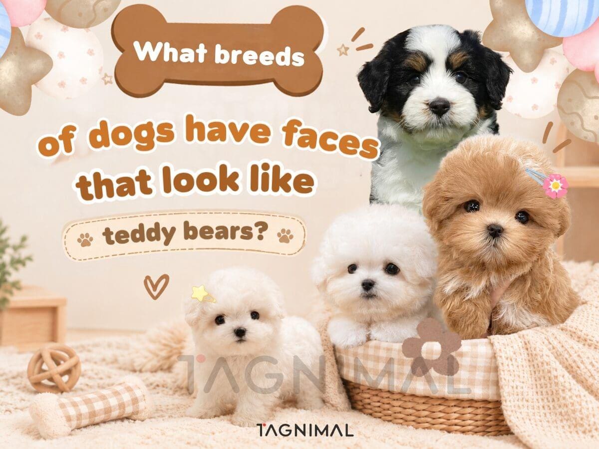 Four fluffy puppies with teddy bear faces on soft blankets in a cozy pastel setting.