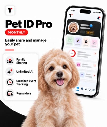 Pet ID Pro monthly plan with family sharing, unlimited AI, event tracking, and reminders.