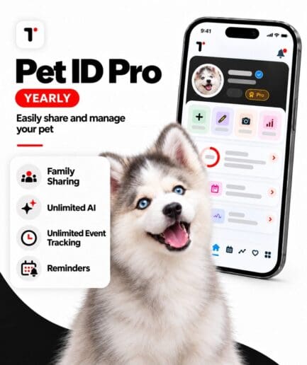 Pet ID Pro yearly plan with family sharing, unlimited AI, tracking, reminders, and husky puppy.